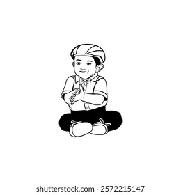 cartoon of a cheerful little boy sitting on the floor black and white vector line art