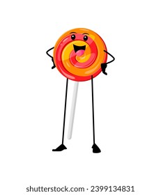 Cartoon cheerful lollipop funny fast food character. Isolated vector joyful, vibrant candy on stick personage with smiling face, swirling colors, and a playful aura, spreading sweetness and happiness