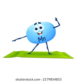 Cartoon cheerful manganese mineral character on yoga. Vector Mn micronutrient, funny smiling capsule personage exercise in wellness or pilates class. Health, yogi practice, vitamin sport workout class