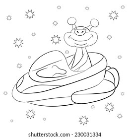 Cartoon cheerful Martian driving intergalactic starship taxi. Coloring book.