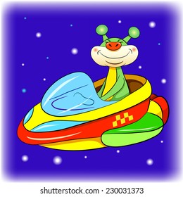 Cartoon cheerful Martian driving intergalactic starship taxi.