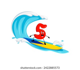 Cartoon cheerful math number five character gleefully rides a surfboard, catching waves with a sunny smile during vibrant summer vacation. Isolated vector digit 5 enjoying extreme numerical adventure
