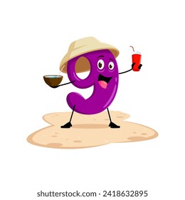 Cartoon cheerful math number nine character on summer vacation. Isolated vector purple 9 numeric personage in sun hat, enjoys holidays, sipping a cocktail on sandy beach with a cheerful demeanor