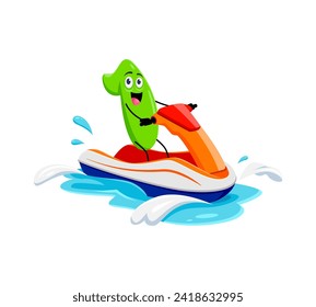 Cartoon cheerful math number one character joyfully rides a water bike, embracing the summer vibes on vacation. Isolated vector cheerful 1 figure enjoys playful aquatic adventure with splashing waves