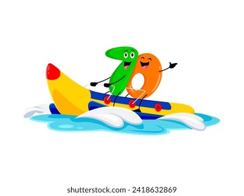 Cartoon cheerful math number ten character joyfully ride banana boat on summer vacation. Isolated vector 10 personage, embracing the sunny vibes with a cheerful smile and splash of whimsical adventure