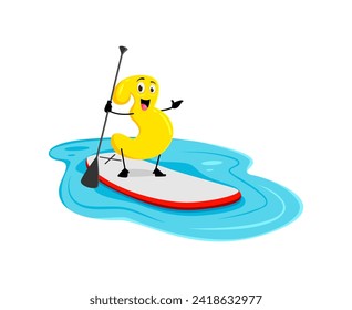 Cartoon cheerful math number three character riding a vibrant sup board enjoys a sunny summer vacation. Isolated vector 3 personage with a big grin, adding splash of fun to the numerical sea adventure