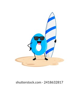 Cartoon cheerful math number zero character wearing sunglasses, stands on a summer beach with a surfboard. Isolated vector 0 numerical surfer personage ready for vacation fun in the tropical sun