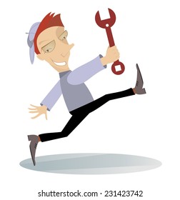 Cartoon cheerful mechanic is going to work