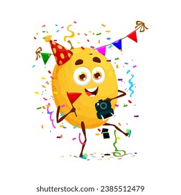 Cartoon cheerful melon fruit character on birthday party, anniversary holiday celebration. Holiday congratulating, anniversary or birthday party comical melon fruit vector personage with photo camera