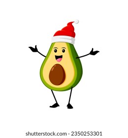 Cartoon cheerful mexican avocado Santa character. Isolated vector festive father Noel Christmas personage wearing red hat. Cheerful saint Nicholas with jolly smile and raised arms spread holiday joy