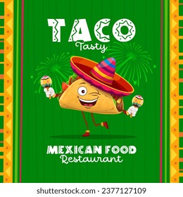 Cartoon cheerful mexican tacos mariachi character with maracas. Vector restaurant ads banner with tex mex food personage dance and bringing joy and cultural flair to traditional event celebration