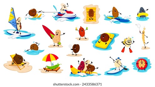 Cartoon cheerful nuts and beans on summer beach vacation. Vector hazelnut, coconut, almond and pekan. Brazil, cashew, peanut and pistachio. Pumpkin or sunflower seed, kidney and green pea water fun