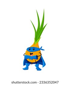 Cartoon cheerful onion vegetable superhero character. Strong vegetable hero, defender isolated vector funny personage. Shallot onion warrior comical mascot posing in blue mask, boots, gloves and cape