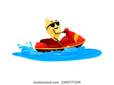 Cartoon cheerful Orecchiette pasta character on summer beach vacation and sports. Vector personage joyfully rides a water bike, splashing through waves, with a big smile enjoying the wind and ocean