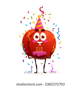 Cartoon cheerful peach, nectarine fruit character on birthday party, anniversary holiday celebration. Anniversary congratulating, birthday holiday party funny fruit vector personage with holiday cake