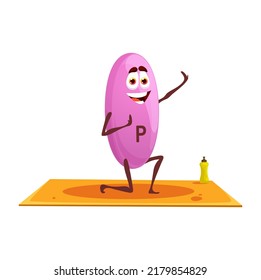 Cartoon cheerful phosphorus character on yoga. Funny smiling vector micronutrient capsule personage exercise in wellness or pilates class. Health and mind balance, yoga practice, vitamin sport workout