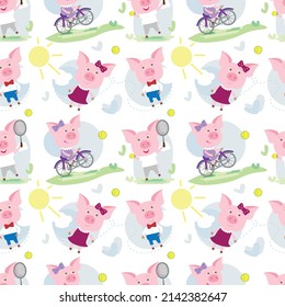 Cartoon cheerful piglets, ride bicycle playing tennis, havint date. Vector illustration. Seamless pattern