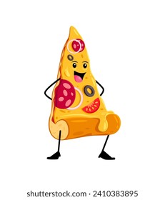 Cartoon cheerful pizza slice funny takeaway fast food character. Isolated vector lively personage with a cheerful face, pepperoni, olives and cheese, exuding a delightful aroma and vibrant personality