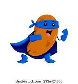 Cartoon cheerful potato vegetable superhero character. Farm veggie strong warrior, superhero or defender isolated vector funny mascot. Potato hero happy personage in blue costume with cape and mask