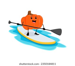 Cartoon cheerful pumpkin vegetable character riding a stand up paddleboard on summer beach vacation. Happy ripe gourd personage with a big smile, showcasing fun-loving attitude and adventurous spirit