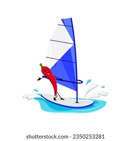 Cartoon cheerful red hot chili pepper character enjoying windsurfing recreation during summer beach vacation. Isolated vector guindilla or jalapeno vegetable personage on holidays at ocean resort