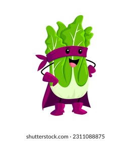 Cartoon cheerful romaine cabbage vegetable superhero character. Fresh vegetable warrior, strong defender or hero isolated vector cute mascot. Cabbage superhero cute personage standing in cape and mask