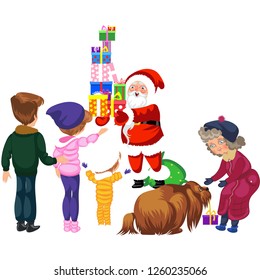 Cartoon cheerful santa claus gifts boxes with presents