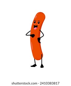 Cartoon cheerful sausage breakfast character. Isolated vector playful, anthropomorphic food personage with a smiling face, exuding a fun and friendly vibe. Funny tasty snack for barbecue and hotdog