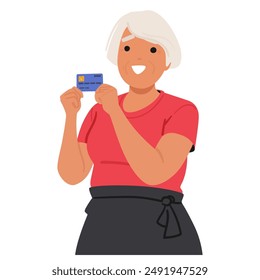 Cartoon Cheerful Senior Woman Holding Credit Card. Image Depicts A Sense Of Financial Independence And Security. Ideal For Banking, Finance, And Elderly Character Lifestyle Themes. Vector Illustration