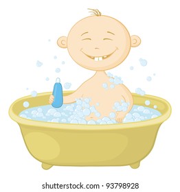 Cartoon, cheerful smiling child sitting in a bath with soap and holding a bottle of shampoo. Vector