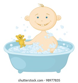 Cartoon, cheerful smiling child sitting in a bath with soap and holding a teddy bear. Vector