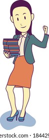 Cartoon cheerful smiling female teacher holding books
