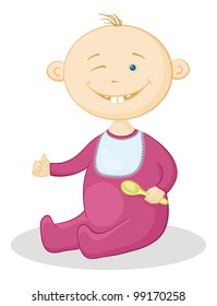 Cartoon, cheerful smiling winking baby with a spoon. Vector