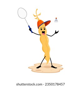 Cartoon cheerful soy bean pod vegetable character plays badminton at the beach on a summer vacation. Isolated vector veg personage enjoying the sun, sand, and friendly competition on holidays leisure