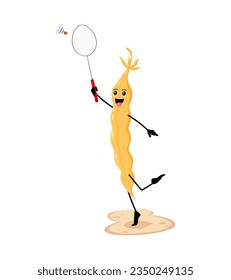 Cartoon cheerful soy bean pod character enjoys badminton during summer vacation on beach. Isolated vector playful personage swinging racket with friends, embraces the sunny days with spirited rallies