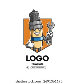 Cartoon Cheerful Spark Plug Character Holding Wrench and Giving Thumbs Up Logo