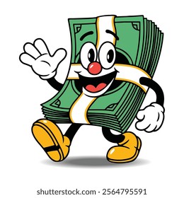 A cartoon cheerful stack of dollar bills walking confidently with a big smile and hand waving