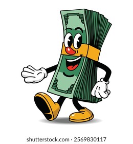 A cartoon cheerful stack of dollar bills walking confidently with a big smile and hand waving vector art.