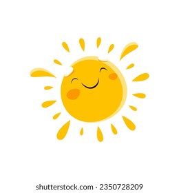 Caricatura alegre personaje de sol, lindo personaje con ojos cerrados y graciosa cara sonriente. Emoticono positivo aislado, sol solar solar, solar infantil para crema de protección solar, emblema de jardín de infancia