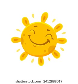 Caricatura alegre personaje de sol, alegre luz solar vectorial de los soleados días de verano. Emoji amarillo brillante del sol con una sonrisa linda y ojos cerrados. Luz solar, amanecer, clima caliente o emoticono de clima cálido