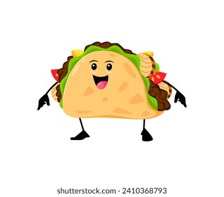 Cartoon cheerful taco funny takeaway fast food character with smiling face. Vector Mexican meal made of crispy tortilla with grilled meat and fresh vegetables, exuding a friendly, appetizing vibe