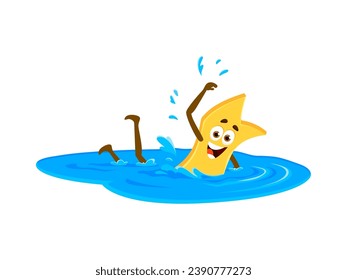 Cartoon cheerful tagliatelle corte pasta character on summer beach vacation and sports. Isolated vector macaroni personage swimming in sea or ocean waves, relax in the pool during summertime holidays