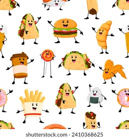 Cartoon cheerful takeaway fast food characters seamless pattern. Vector background with coffee cup, quesadilla, French fries and chicken wing. Donut, onigiri, burrito or burger, croissant and lollipop