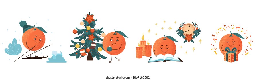 Cartoon cheerful tangerine character on winter vacation. Festive mood, preparation for Christmas and New Year. For postcards, banners, stickers and mobile applications. Vector illustration