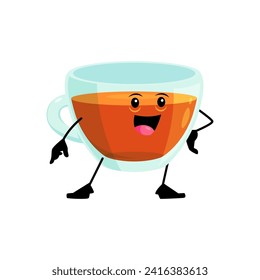 Cartoon cheerful tea cup breakfast character with a smiling face, and handle, exuding a welcoming and warm vibes. Isolated vector transparent glass mug personage inviting for cozy dining experience