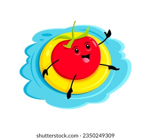 Cartoon cheerful tomato vegetable character on summer beach vacation. Fresh vector personage float on inflatable ring in sea or pool, engaging in outdoor seaside activities and relaxation on holidays