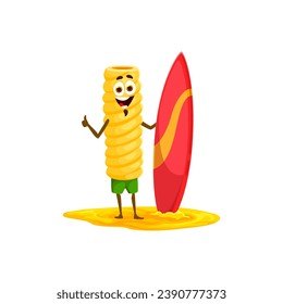 Cartoon cheerful Tortiglioni pasta character on summer beach vacation and sports. Isolated vector noodle personage stands at seashore with surfboard in hands, showing thumb up. exuding holiday vibes