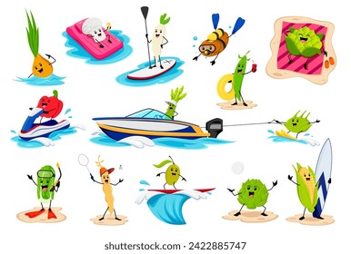 Cartoon cheerful vegetable character on summer beach vacation. Vector onion, champignon, daikon radish and potato. Bell pepper, green pea, and kohlrabi with chinese cabbage, corn, olive or soy bean