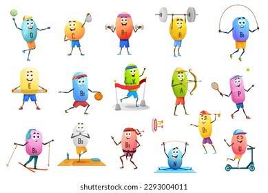 Cartoon cheerful vitamin characters and personages on sport, vector pills. Happy funny kid characters, vitamin capsules on gym sport. A and C, B12, D and E vitamins play to sport games