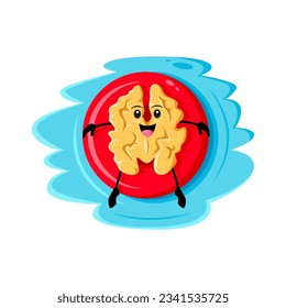 Cartoon cheerful walnut nut character floats gleefully on an inflatable ring during a sunny beach vacation. Happy kernel personage spreading joy and enjoying summertime sea recreation and water fun